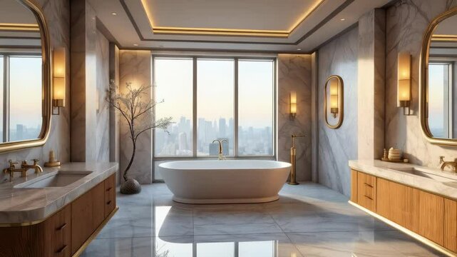 Enjoy a tour of a luxurious vanity bathroom featuring quality furniture, elegant fixtures, and breathtaking city views from the window