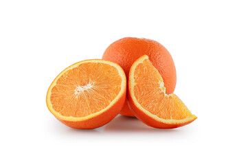 Fresh Orange fruit, half and slices isolated on the white background, clipping path, Arancia Tarocco, Citrus sinensis, Half of orange on the heap of oranges.