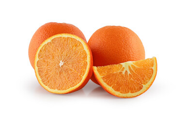 Fresh Orange fruit, half and slices isolated on the white background, clipping path, Arancia Tarocco, Citrus sinensis, Half of orange on the heap of oranges.