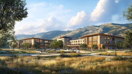 Modern buildings blend into a natural, mountainous landscape under a bright sky