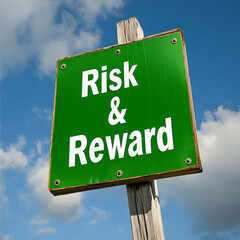 Green street sign showing "Risk & Reward" with dramatic sky backdrop