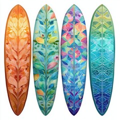 Vibrant Floral and Geometric Surfboards: Abstract Illustrations Illuminate the Joy of Summer Surfing Adventures