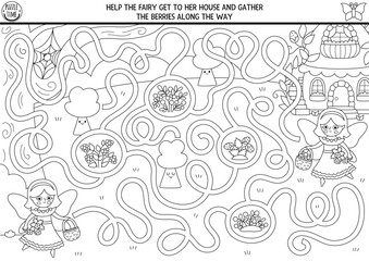 Black and white maze for kids with berry fairy, house, magic forest, woodland landscape. Fairytale princess preschool printable activity with cute girls. Labyrinth game, puzzle, coloring page