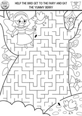 Black and white maze for kids with fairy, geometrical labyrinth shaped as tree. Fairytale printable activity, coloring page. Labyrinth game, puzzle with magic landscape, girl feeding bird