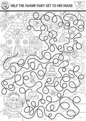 Black and white maze for kids with swamp fairy, enchanted house, magic forest, woodland landscape. Fairytale princess preschool printable activity. Labyrinth line game, puzzle, coloring page