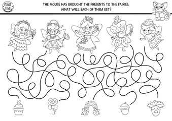 Black and white maze for kids with woodland fairies and mouse gifts. Fairytale princess preschool printable activity, coloring page. Magic forest labyrinth game, puzzle with presents, acorn