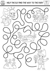 Black and white maze for kids with elf searching the way to fairy bug. Fairytale princess printable activity, coloring page. Magic forest, woodland labyrinth game, line puzzle