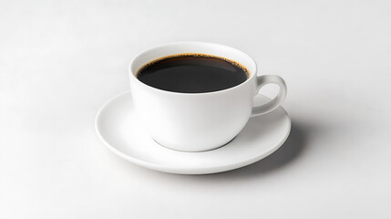 A cup of black coffee on a white saucer set against a plain white backdrop. The drink is in sharp focus and provides a study of light and shadow.