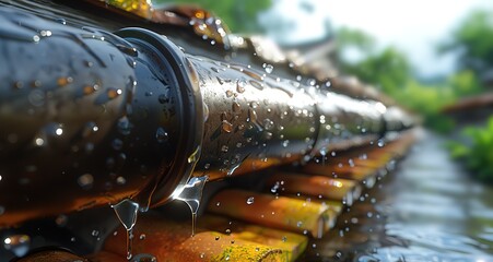 Close up of raindrops falling from a wooden roof, creating a sparkling and refreshing scene. The image captures the beauty of nature and the cycle of water.