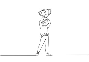 Man in continuous line art holding a trophy with the number one on it in black and white drawing style