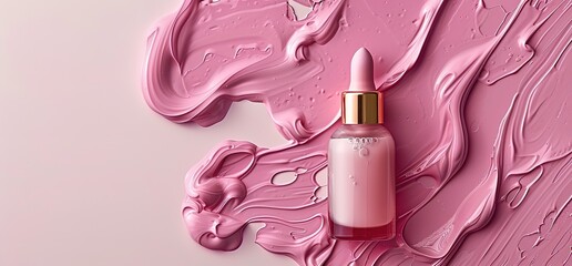 Close up of a glass bottle with a dropper filled with serum or essential oil on a pink background.