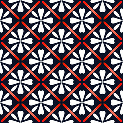 seamless floral pattern background with stylized white flowers on a dark navy blue and red geometrioc diamond grid. High quality JPG background image ideal for textiles, web design and digital art
