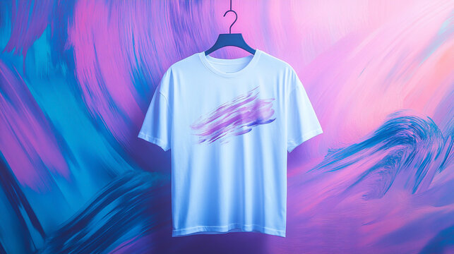 A white T-shirt hanging on a hanger, with a colorful background in a digital art style. The shirt features cool brush strokes in a color scheme of purple and blue, with a pink brush stroke design