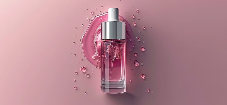 A dropper bottle of pink liquid on a pink background. Drops of liquid are scattered around the bottle.