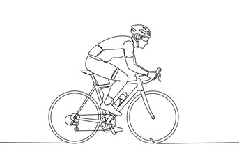 Fototapeta premium Continuous line drawing of cyclist riding bicycle wearing helmet and sunglasses on white background view