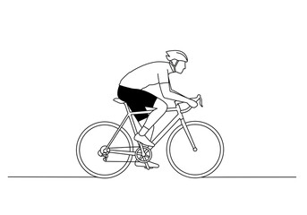 Naklejka premium A line drawing of a cyclist wearing a helmet and riding a road bike against a white background space
