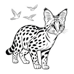 Serval hunting birds Coloring Page, Silhouette, Vector, Illustration, Icon, Logo, White Background.