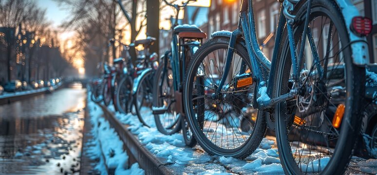 Bikes parked on a snowy bridge with a canal in the background. A warm sunset shines in the distance.