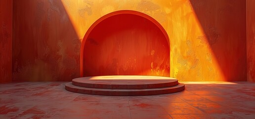 Minimalist stage with archway and warm orange lighting.  Perfect for product displays or presentations.