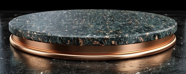 A round green marble pedestal with a copper base. The marble has a beautiful green and white pattern. It is a beautiful and elegant object.