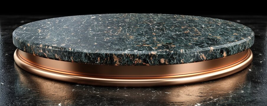 A round green marble pedestal with a copper base. The marble has a beautiful green and white pattern. It is a beautiful and elegant object.