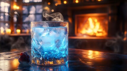 Icy blue cocktail served in a frozen glass by a warm fireplace