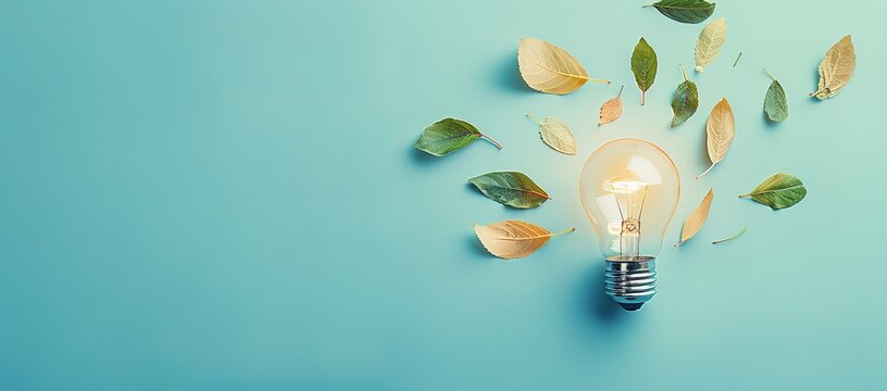 A lightbulb with glowing filament surrounded by green leaves on a blue background. A conceptual image representing eco friendly energy and sustainable ideas.