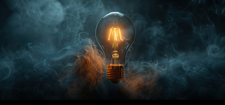 A glowing light bulb shines through a misty background.  The image symbolizes ideas, innovation, and inspiration.