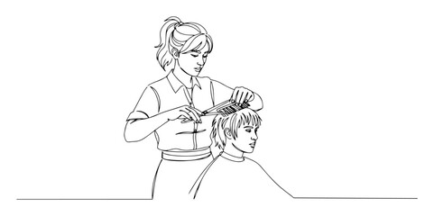 hairdresser trimming client’s hair in elegant one-line sketch with a fluid design