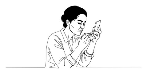 Fototapeta premium focused woman checking compact mirror in linear vector artwork
