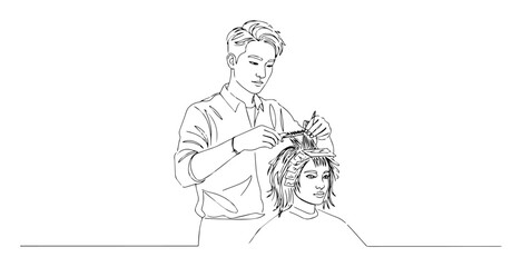 hairdresser styling client’s hair hand-drawn monoline art