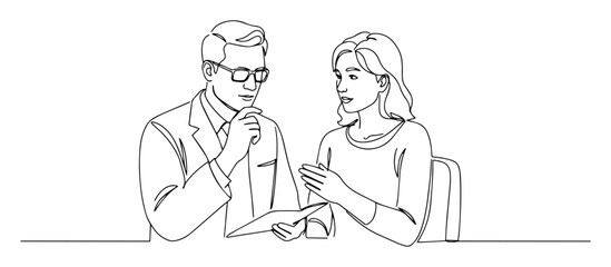 pharmacist explaining medication to woman lineart with a clean aesthetic
