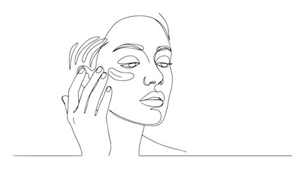 woman applying face cream in skincare routine elegant one-line sketch