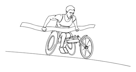 Fototapeta premium athlete in racing wheelchair crossing finish line fluid single-stroke drawing style characterized by simplicity and artistic elegance