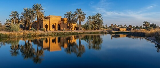 Oasis Reflection Calm waters mirror a desert building, palm trees, and clear sky