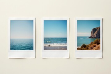 Fototapeta premium Blank white polaroid frames arranged in a line on a neutral background , picture, still life