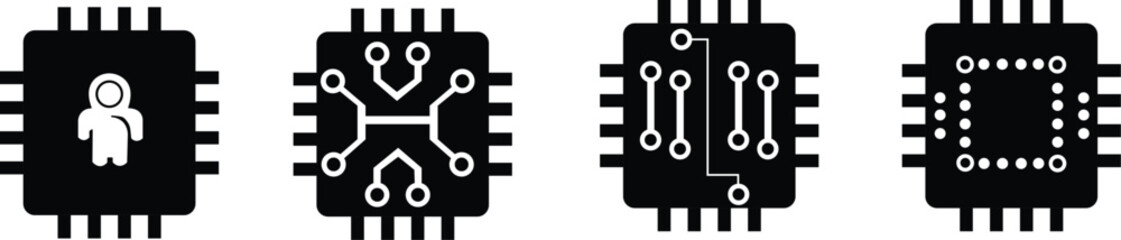  Four Black Integrated Circuit Microchip Icons Set - Technology & Digital Silhouettes