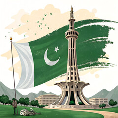 Minar-e-Pakistan with National Flag and Patriotism Scene Illustration