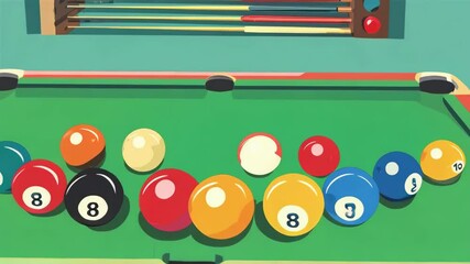 Colorful illustration of billiard balls racked on a green pool table ready for a game with pool cues hanging on the wall, indoor scene. - Powered by Adobe