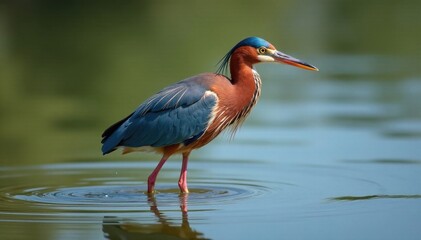 Tricolor heron hunts in shallow water, long legs submerged , elegant, beak