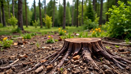 Fototapeta premium Stump in Forest: An up-close, earthy perspective of a tree stump rests amid a verdant forest floor, illustrating the cyclical nature of life and nature's resilience.
