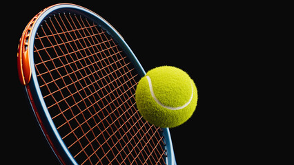 tennis ball flying near racket on black background 3d render..