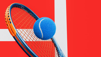 blue tennis ball near racket on abstract orange and white background 3d render..