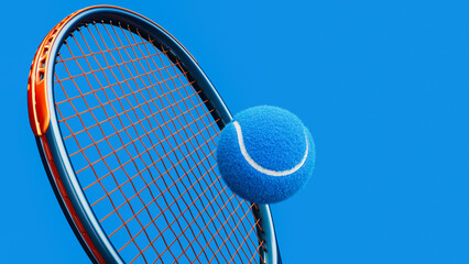 blue tennis ball hitting racket on light blue background 3d render..