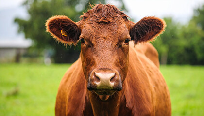 Portrait of cute brown bovine. Domestic cattle, animal. Blurred green pasture.