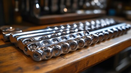Shiny metal wrenches lined up on wooden surface for industrial and tool imagery