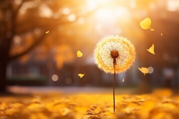 Minimalist close up of a yellow dandelion head against a softly blurred background