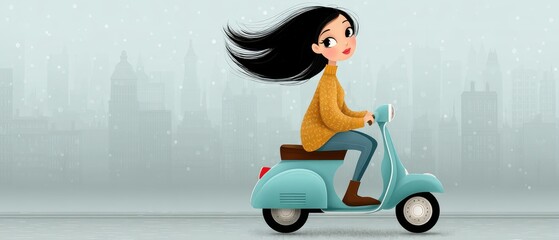 Stylish Woman Riding Vespa in Cityscape Illustration with Winter Vibes