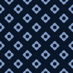 Elegant dark blue ornamental background with repeating light blue floral-inspired shapes. Ideal for fabric, web design, invitations, and packaging, 3600x3600 px high quality JPG background pattern
