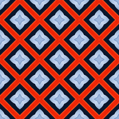 Vibrant Abstract Floral Diamond Design Seamless Background pattern with delicate pastel blue stylized flowers set against a vibrant red background, 3600x3600 px high quality JPG background